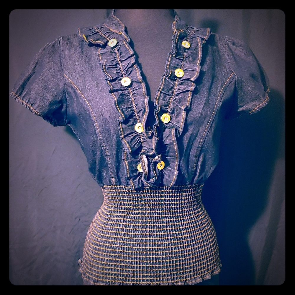 Dark Blue Denim Ruffle Short Sleeve Shell